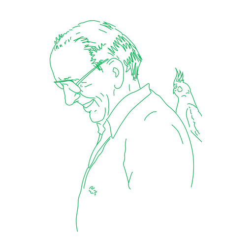 Vern's mascot — a line portrait of Vern with a parakeet on his shoulder